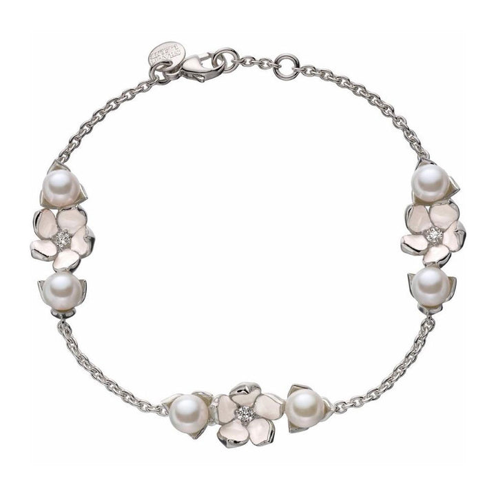 Shaun Leane Silver Cherry Blossom Three Flower Diamond and Pearl Bracelet CB022.SSWHBOS