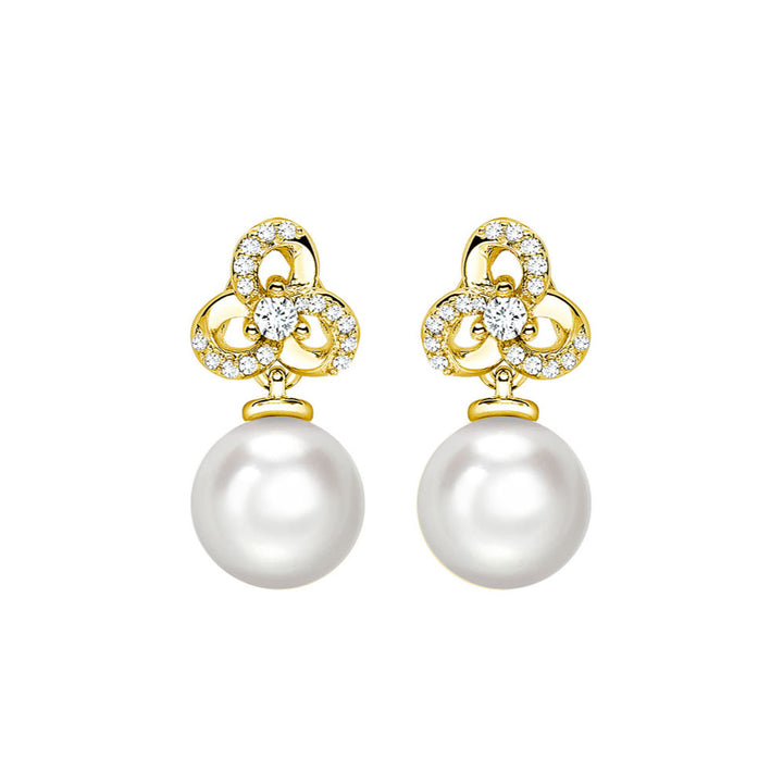 Freshwater Pearl and Diamond 9ct Yellow Gold Flower Drop Earrings