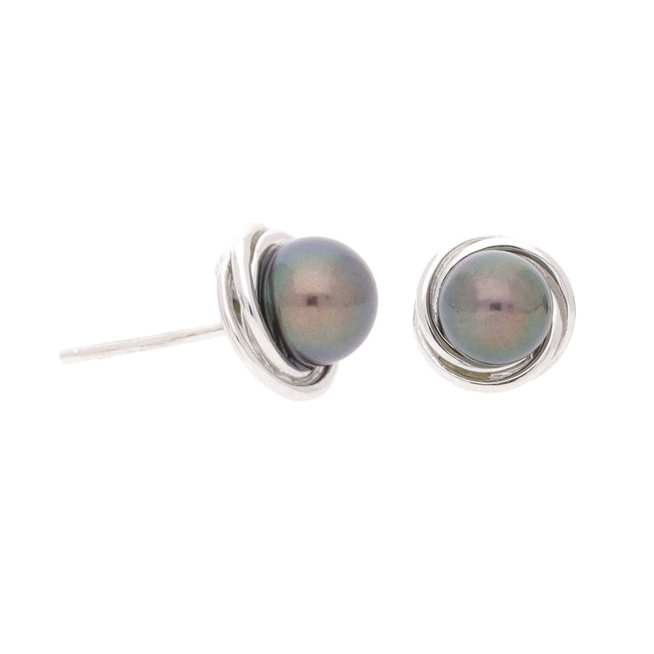 Black Cultured Pearl 9ct White Gold Knot Stud Earrings - Michael Jones Jeweller