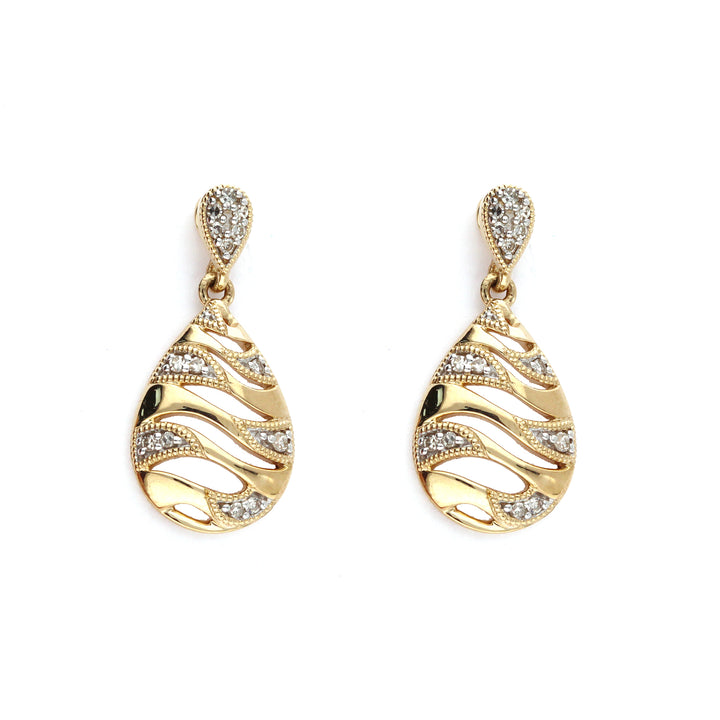 Diamond Set Wave Teardrop Shaped 9ct Yellow Gold Drop Earrings - Michael Jones Jeweller