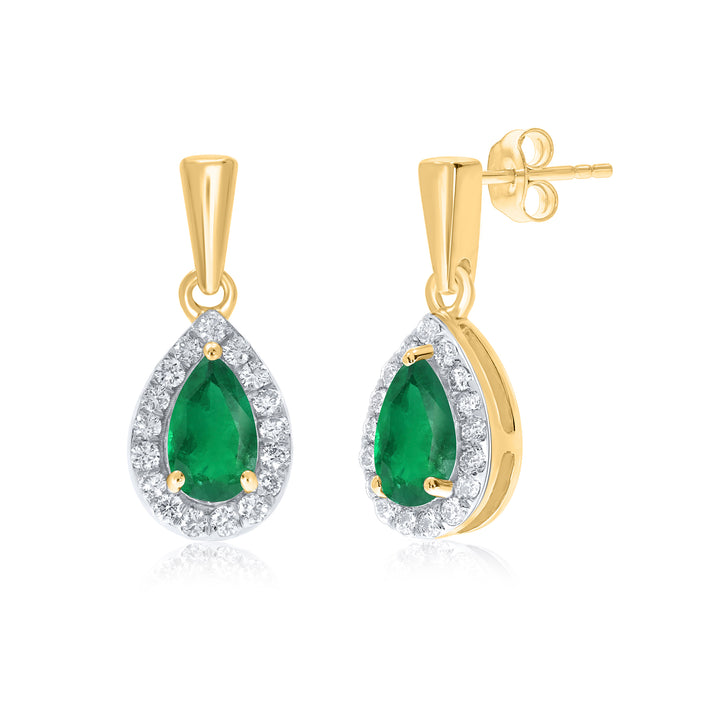 Emerald and Diamond 9ct Yellow Gold Pear Cut Drop Earrings