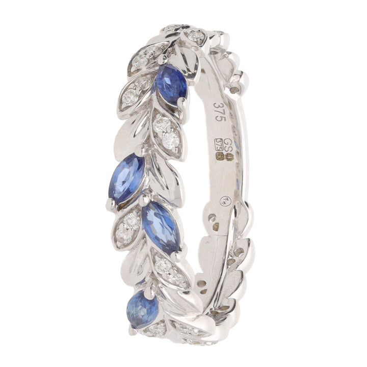 Sapphire and Diamond 9ct White Gold Leaf Ring - Michael Jones Jeweller