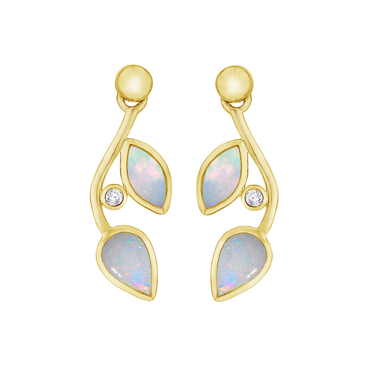 Opal and Diamond 9ct Yellow Gold Leaf Drop Earrings - Michael Jones Jeweller