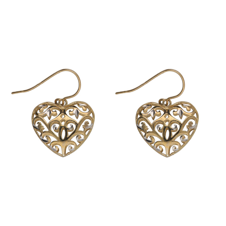 Filigree Heart 9ct Yellow and White Gold Drop Earrings
