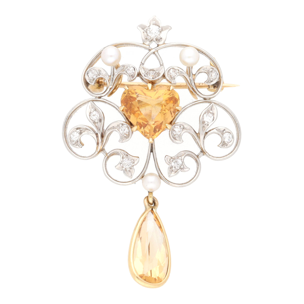 Pre-Owned Imperial Topaz, Diamond and Pearl Heart Drop Brooch - Michael Jones Jeweller