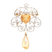 Pre-Owned Imperial Topaz, Diamond and Pearl Heart Drop Brooch