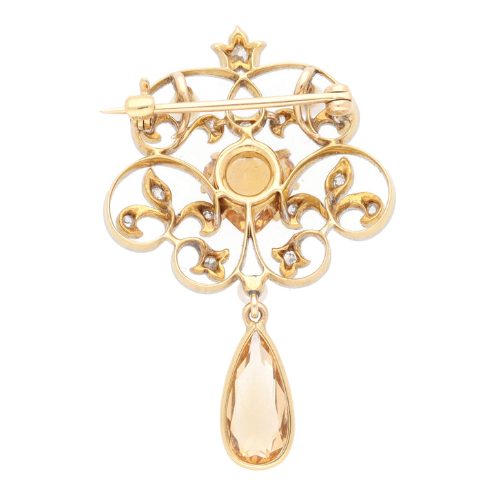 Pre-Owned Imperial Topaz, Diamond and Pearl Heart Drop Brooch