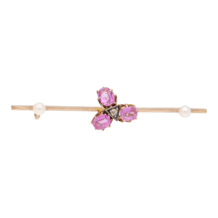 Pre-Owned Pink Sapphire, Diamond and Pearl Bar Brooch - Michael Jones Jeweller
