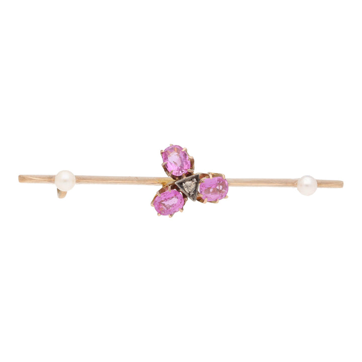 Pre-Owned Pink Sapphire, Diamond and Pearl Bar Brooch