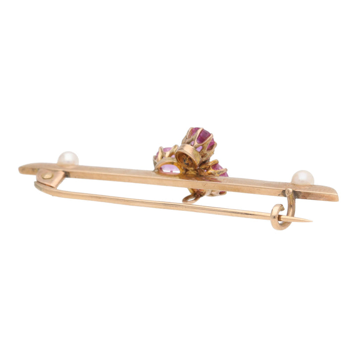 Pre-Owned Pink Sapphire, Diamond and Pearl Bar Brooch - Michael Jones Jeweller