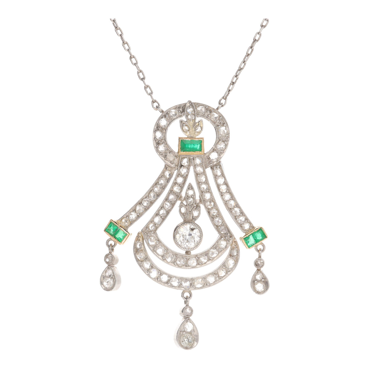 Pre-Owned Emerald and Diamond Platinum Necklace - Michael Jones Jeweller