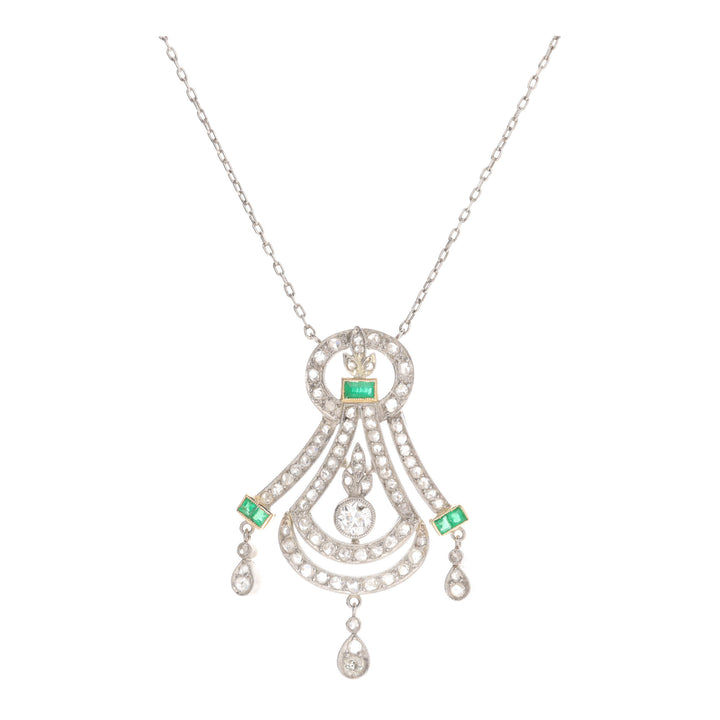 Pre-Owned Emerald and Diamond Platinum Necklace