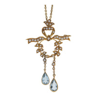 Pre-Owned Aquamarine and Seed Pearl 15ct Yellow Gold Pendant  Brooch