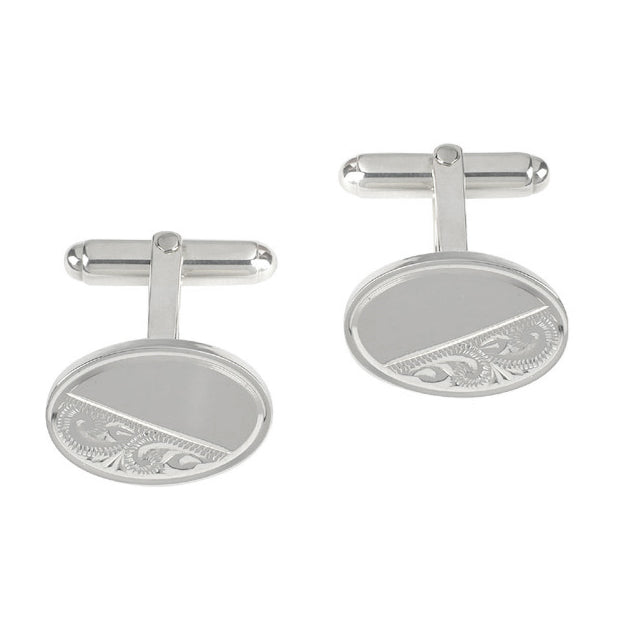 Silver Engraved Oval T-Bar Cufflinks - Michael Jones Jeweller