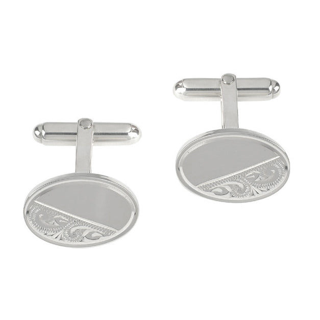 Silver Engraved Oval T-Bar Cufflinks