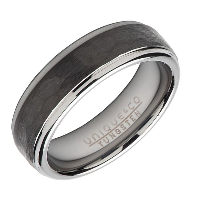 Unique Tungsten Carbide Black IP Plated Hammered Ring