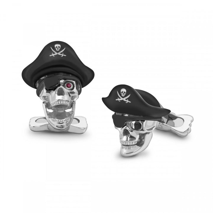 Deakin & Francis Sterling Silver Pirate Skull Cufflinks with Hat and Ruby Eyes