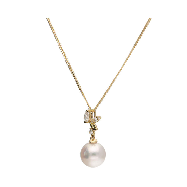 Akoya Pearl and Marquise Diamond 18ct Yellow Gold Necklace - Michael Jones Jeweller