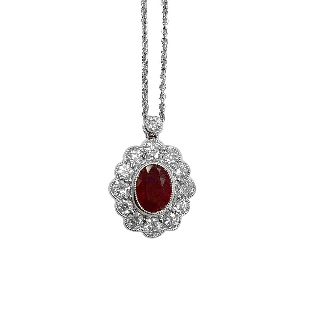 Ruby and Diamond 18ct White Gold Oval Cluster Pendant - Michael Jones Jeweller