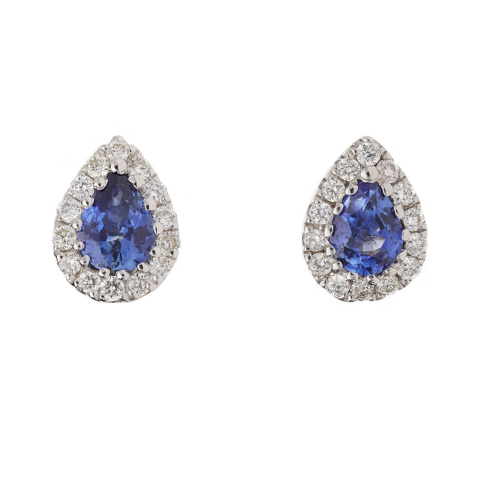 Sapphire and Diamond 18ct White Gold Pear Cluster Stud Earrings - Michael Jones Jeweller