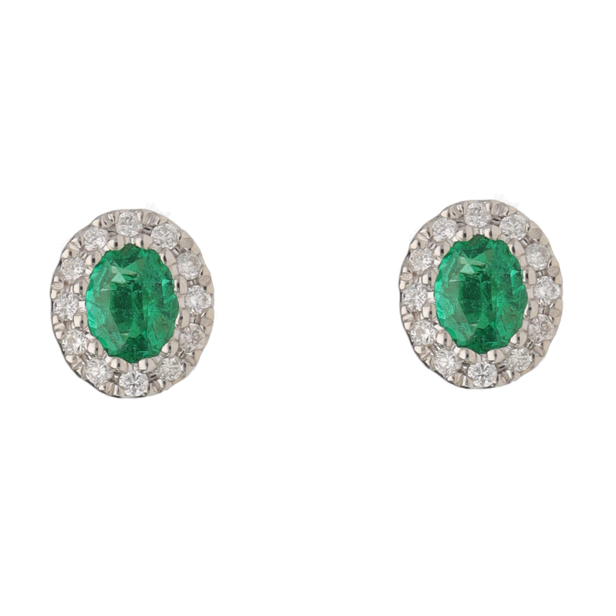 Emerald and Diamond Oval 18ct White Gold Cluster Stud Earrings - Michael Jones Jeweller