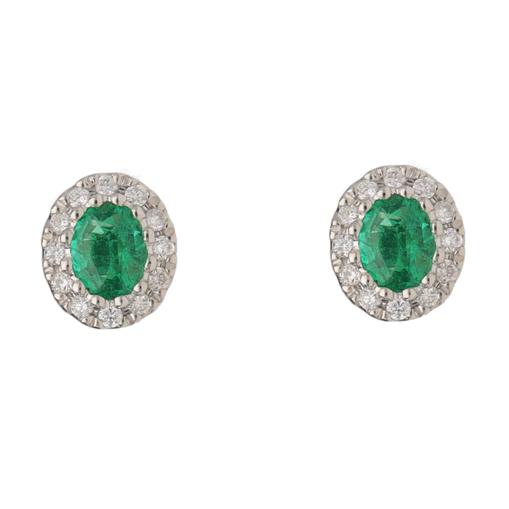 Emerald and Diamond Oval 18ct White Gold Cluster Stud Earrings - Michael Jones Jeweller