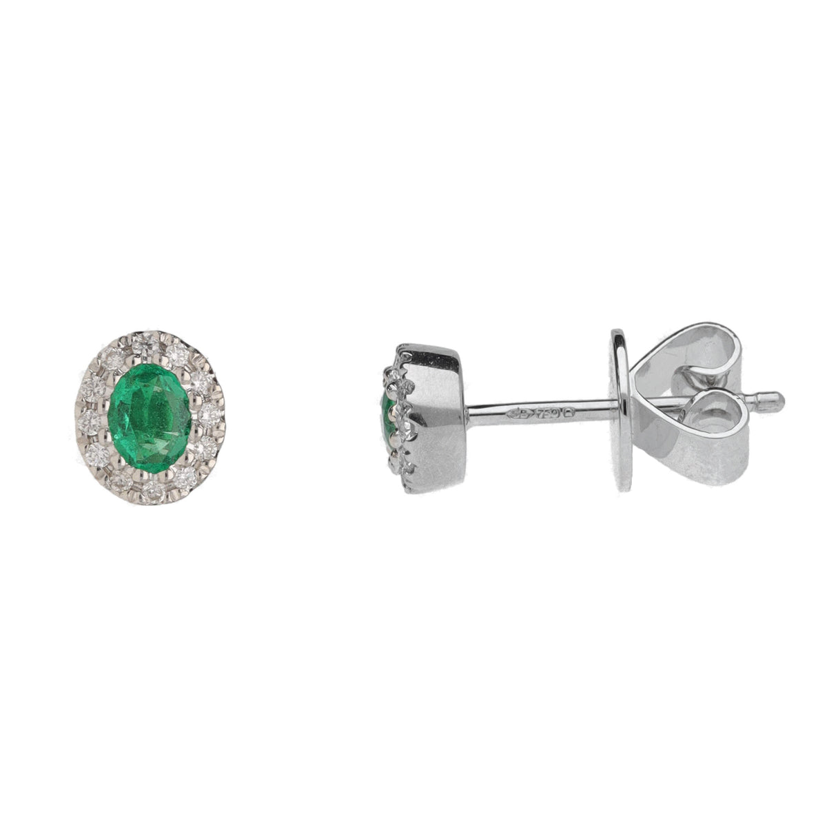 Emerald and Diamond Oval 18ct White Gold Cluster Stud Earrings - Michael Jones Jeweller