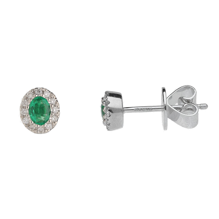 Emerald and Diamond Oval 18ct White Gold Cluster Stud Earrings - Michael Jones Jeweller