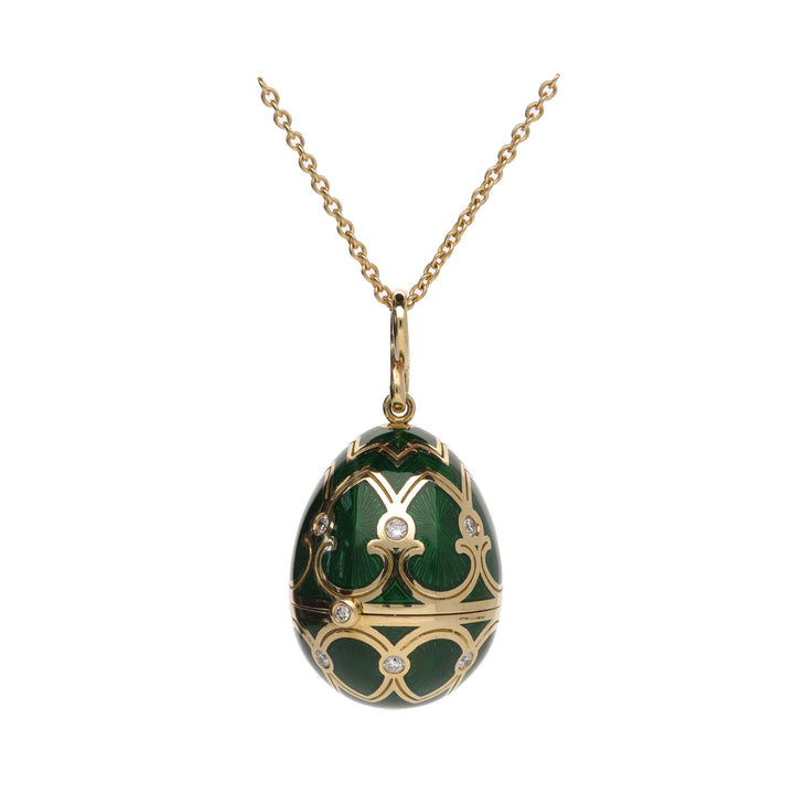 Fabergé Heritage Surprise Heart Diamond Pendant 18ct Yellow Gold Green Guilloché Enamel