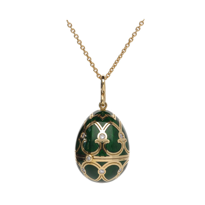 Fabergé Heritage Yellow Gold Green Guilloché Enamel Heart Diamond Surprise Locket