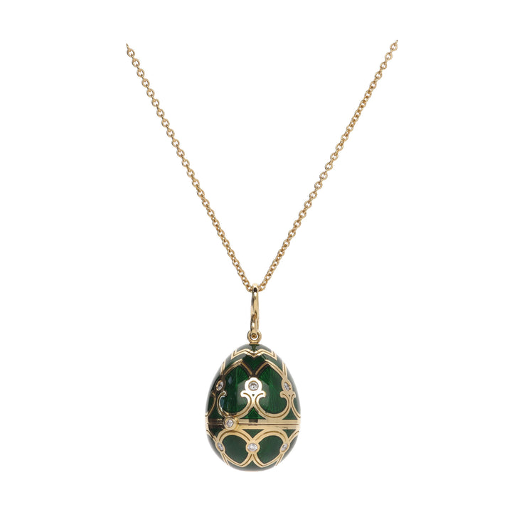 Fabergé Heritage Yellow Gold Green Guilloché Enamel Heart Diamond Surprise Locket