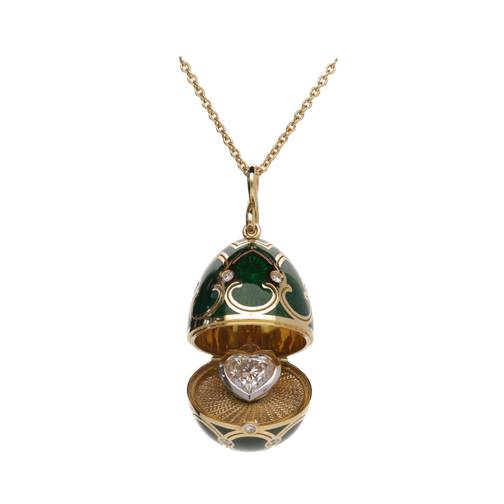 Fabergé Heritage Yellow Gold Green Guilloché Enamel Heart Diamond Surprise Locket