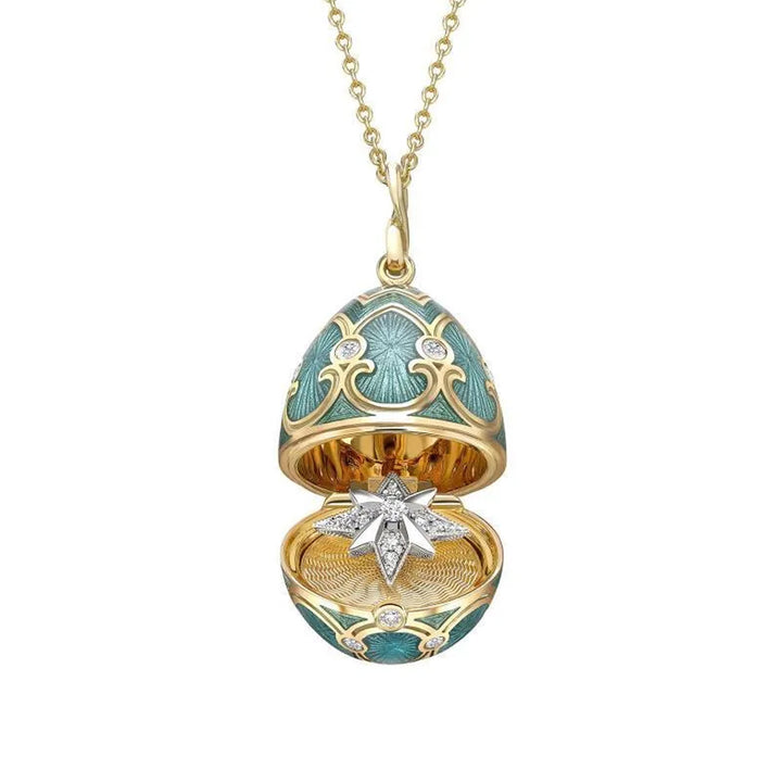 Fabergé Heritage Yellow Gold Diamond & Teal Guilloché Enamel Trembling Star Surprise Locket