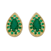 Emerald Pear Shape 9ct Yellow Gold Cluster Stud Earrings