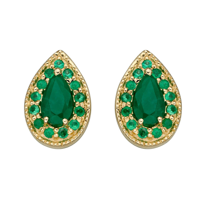Emerald Pear Shape 9ct Yellow Gold Cluster Stud Earrings - Michael Jones Jeweller