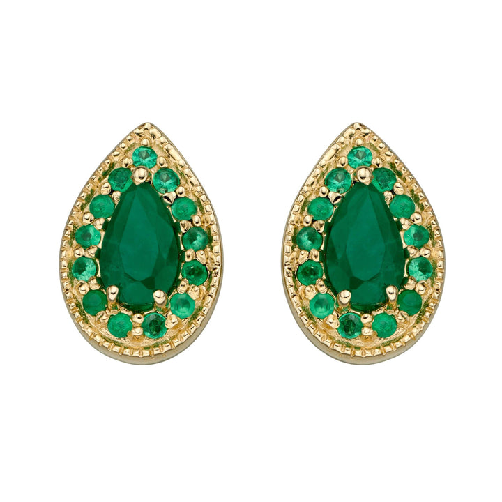 Emerald Pear Shape 9ct Yellow Gold Cluster Stud Earrings