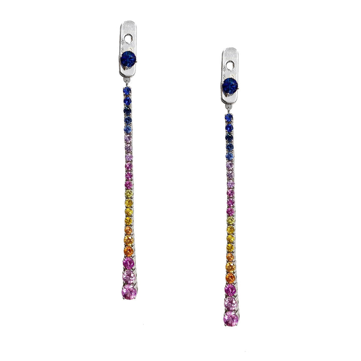 Rainbow Sapphire 18ct White Gold Long Drop Earrings - Michael Jones Jeweller