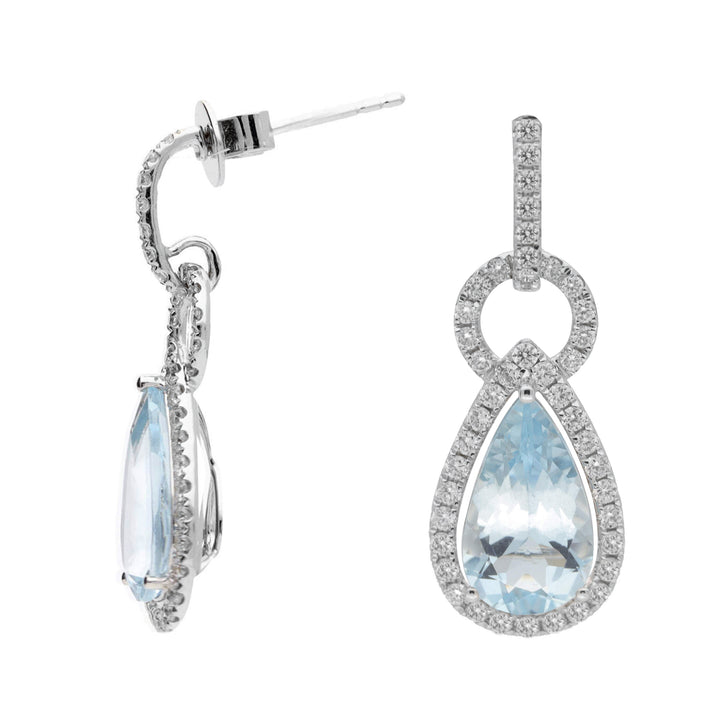 Aquamarine and Diamond Cluster 18ct White Gold Link Drop Earings - Michael Jones Jeweller
