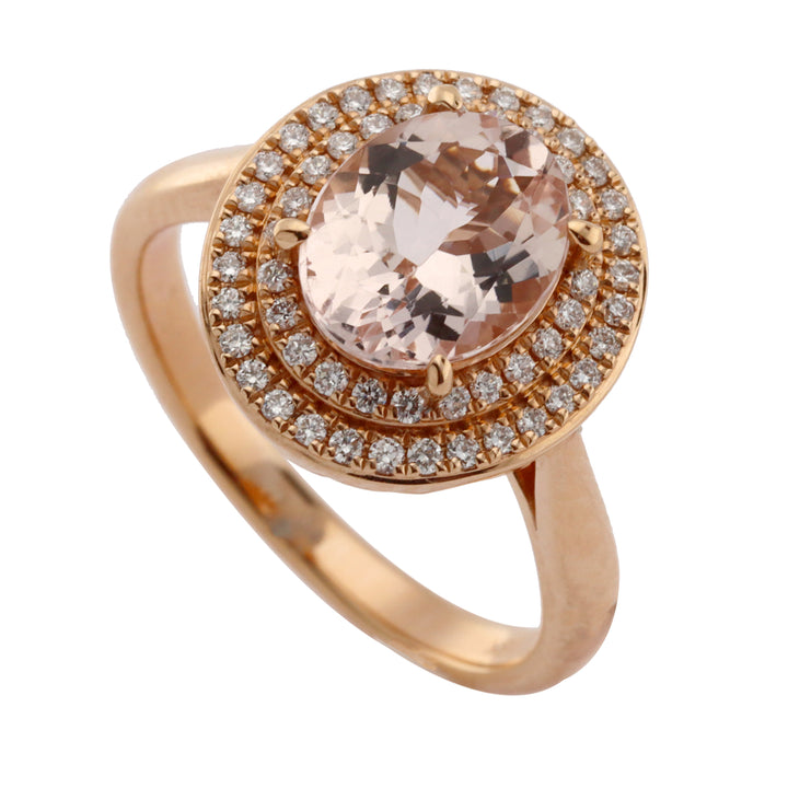 Morganite and Diamond Double Halo 18ct Rose Gold Oval Cluster Ring