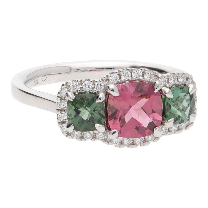 Pink and Green Tourmaline 18ct White Gold Triple Cluster Ring