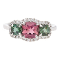 Pink and Green Tourmaline 18ct White Gold Triple Cluster Ring