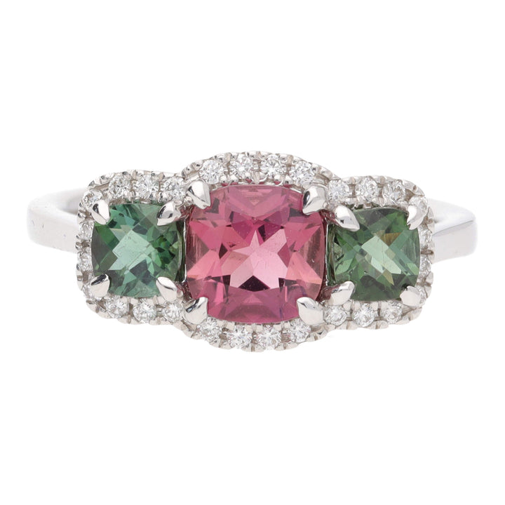 Pink and Green Tourmaline 18ct White Gold Triple Cluster Ring