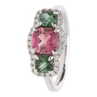 Pink and Green Tourmaline 18ct White Gold Triple Cluster Ring