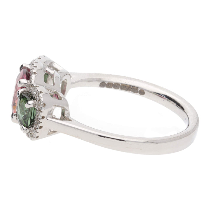 Pink and Green Tourmaline 18ct White Gold Triple Cluster Ring