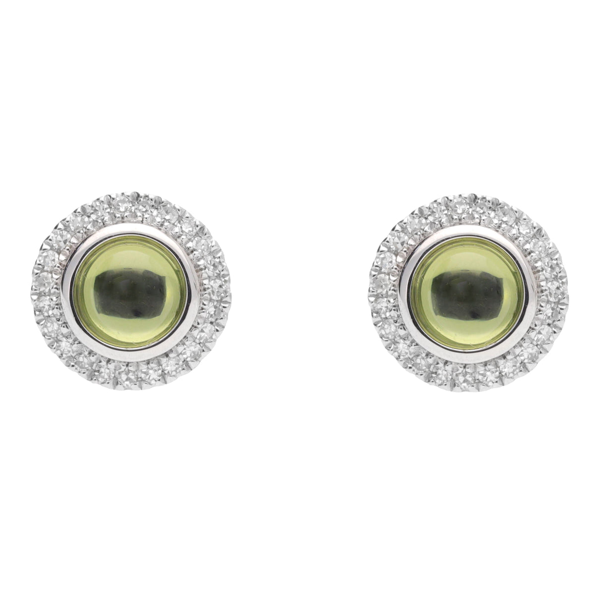 Peridot Cabochon Diamond Halo 9ct White Gold Earrings - Michael Jones Jeweller