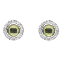 Peridot Cabochon Diamond Halo 9ct White Gold Earrings - Michael Jones Jeweller