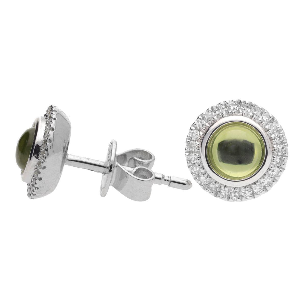 Peridot Cabochon Diamond Halo 9ct White Gold Earrings - Michael Jones Jeweller