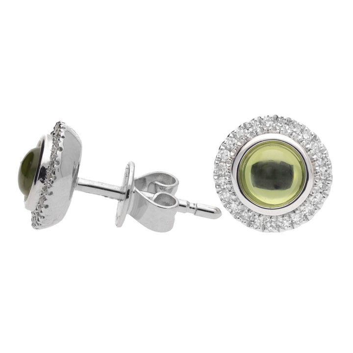 Peridot Cabochon Diamond Halo 9ct White Gold Earrings