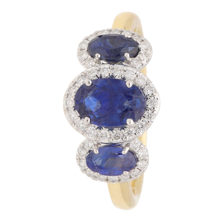 Blue Sapphire and Diamond Oval Three Stone 18ct Yellow Gold Cluster Ring