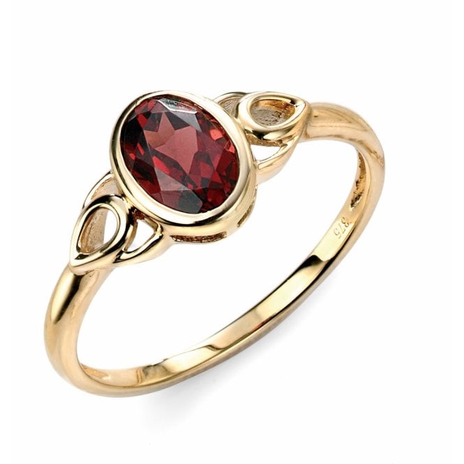 Celtic Style Garnet Ring In 9ct Yellow Gold